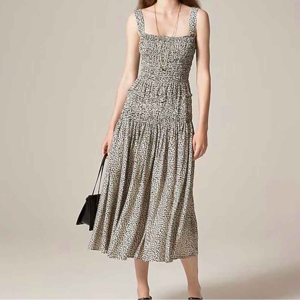 J. Crew Black and White Smocked Midi Dress with Tiered Skirt spots